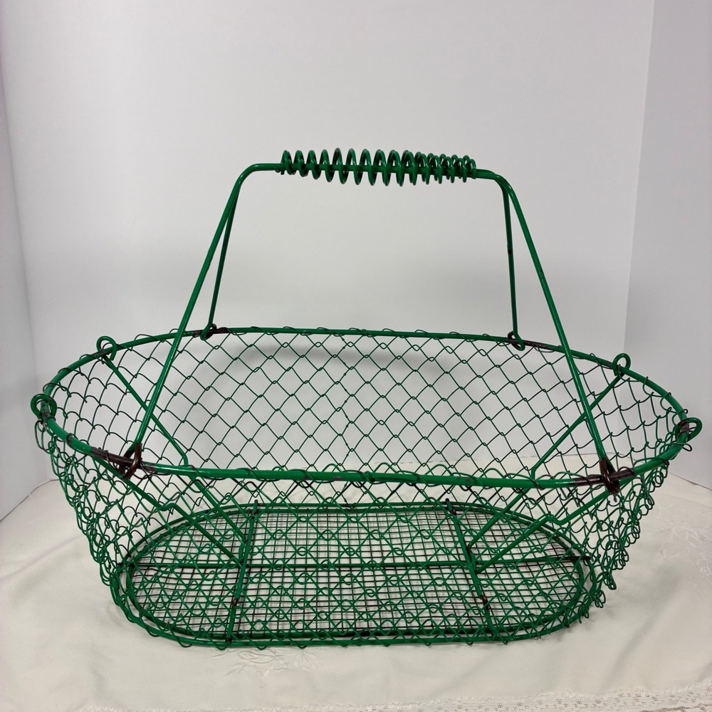 Vtg Wire Egg Garden Basket Lg Green Farmhouse Mesh Collapsible Rustic Cottage
